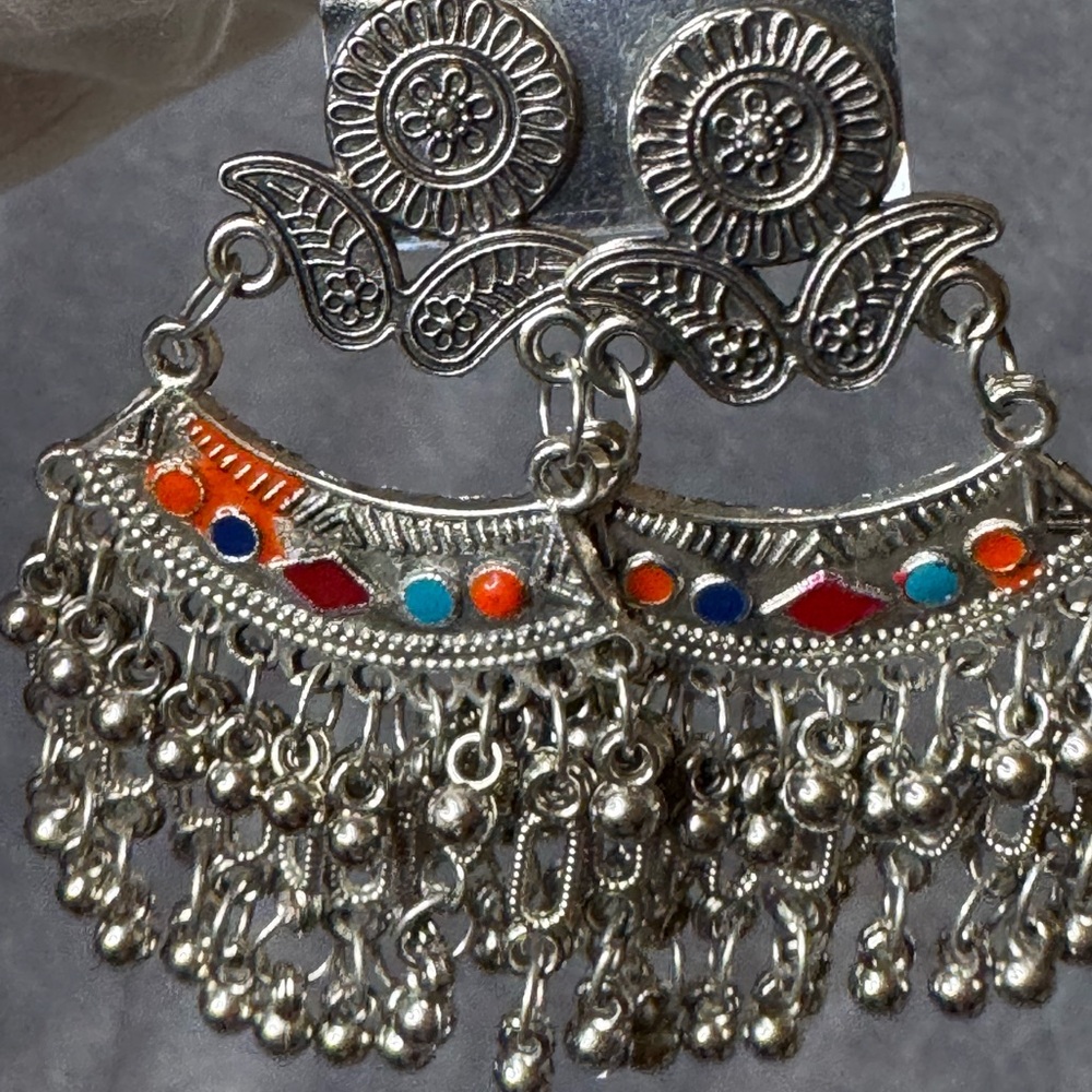 Boho Ethnic Chandelier Earrings Silver Tone | Statement Dangle